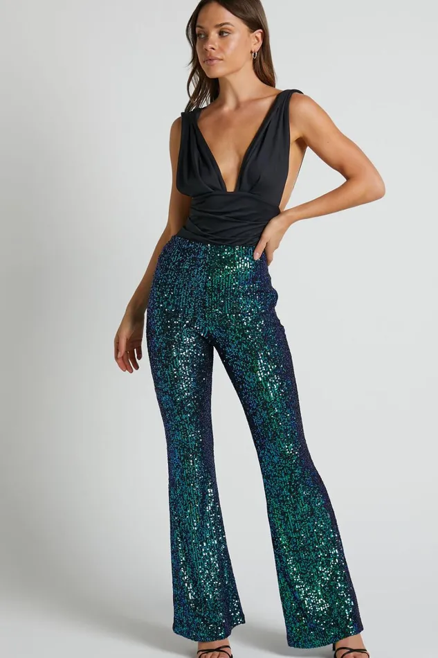 Deliza Pants 8211 Mid Waisted Sequin Flare Pants In Mermaid Teal Women Showpo Pants