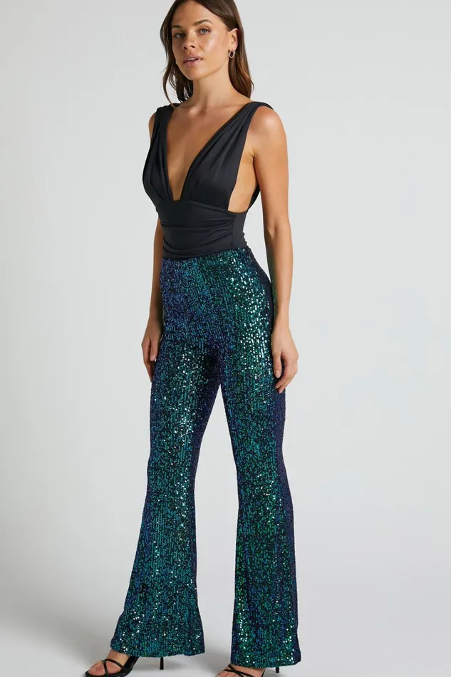 Deliza Pants 8211 Mid Waisted Sequin Flare Pants In Mermaid Teal Women Showpo Pants