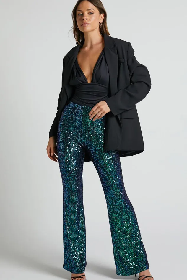 Deliza Pants 8211 Mid Waisted Sequin Flare Pants In Mermaid Teal Women Showpo Pants
