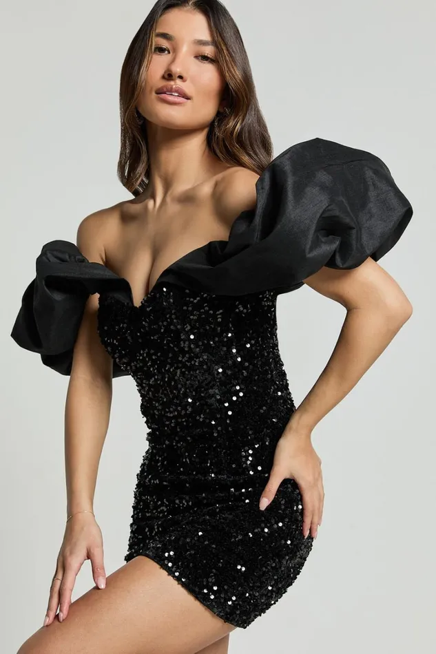 Delphine Mini Dress 8211 Off Shoulder Sequin Bodycon Dress In Black Women Showpo Curve Clothes