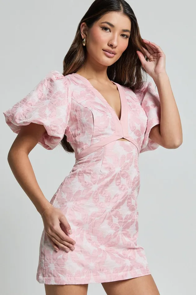 Diana Mini Dress 8211 Jacquard Short Sleeve Cut Out Dress In Light Pink Women Showpo Curve Clothes