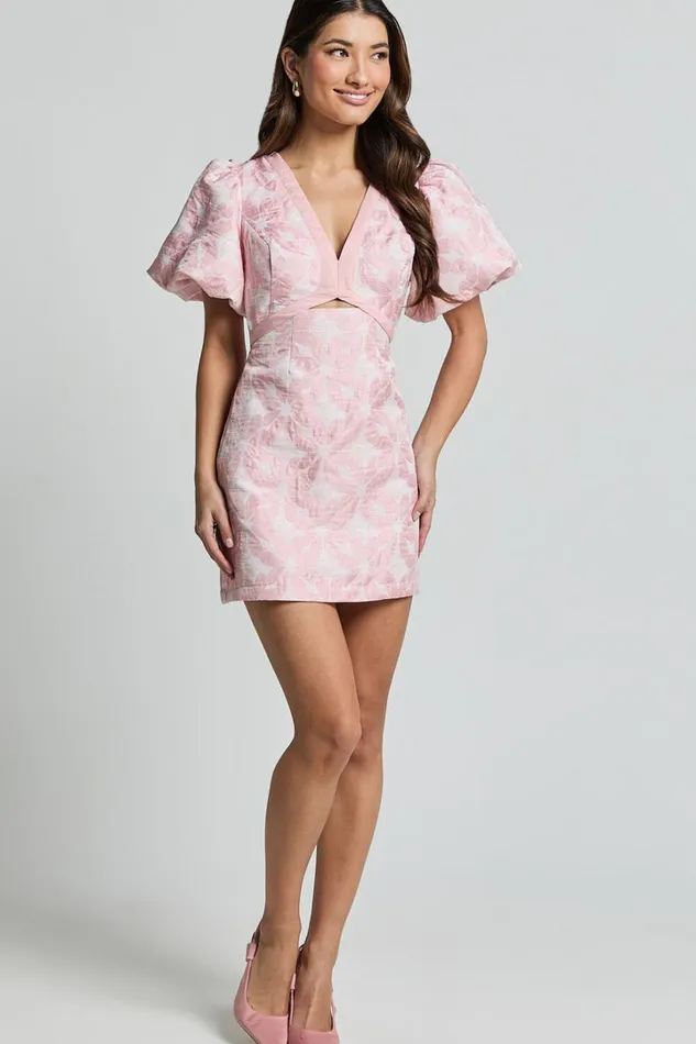Diana Mini Dress 8211 Jacquard Short Sleeve Cut Out Dress In Light Pink Women Showpo Curve Clothes