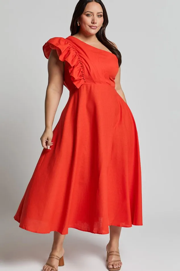 Dixie Midi Dress 8211 Linen Look One Shoulder Ruffle Dress In Red Orange Women Showpo Curve Clothes