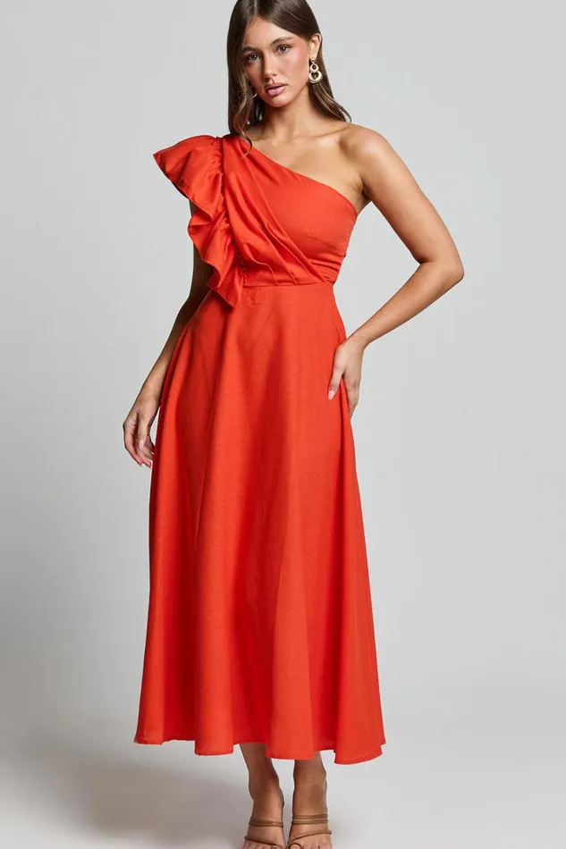 Dixie Midi Dress 8211 Linen Look One Shoulder Ruffle Dress In Red Orange Women Showpo Curve Clothes