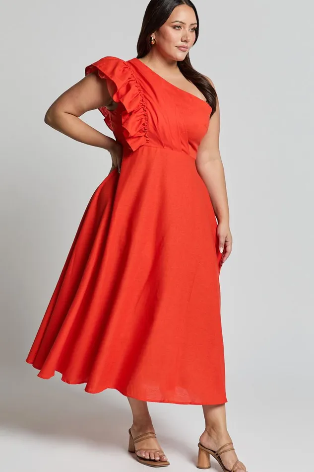 Dixie Midi Dress 8211 Linen Look One Shoulder Ruffle Dress In Red Orange Women Showpo Curve Clothes