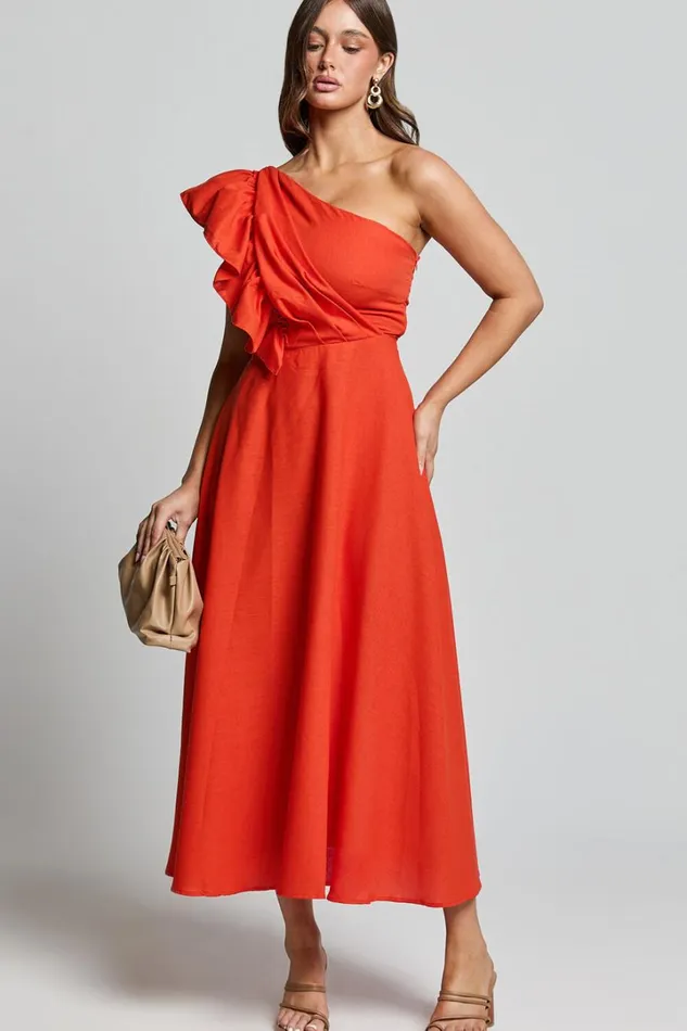 Dixie Midi Dress 8211 Linen Look One Shoulder Ruffle Dress In Red Orange Women Showpo Curve Clothes