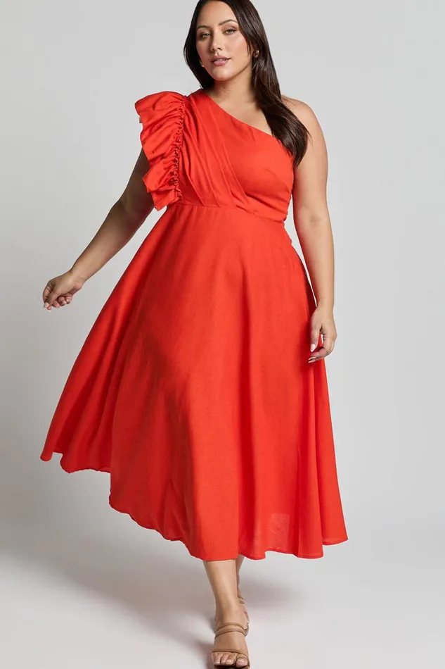 Dixie Midi Dress 8211 Linen Look One Shoulder Ruffle Dress In Red Orange Women Showpo Curve Clothes
