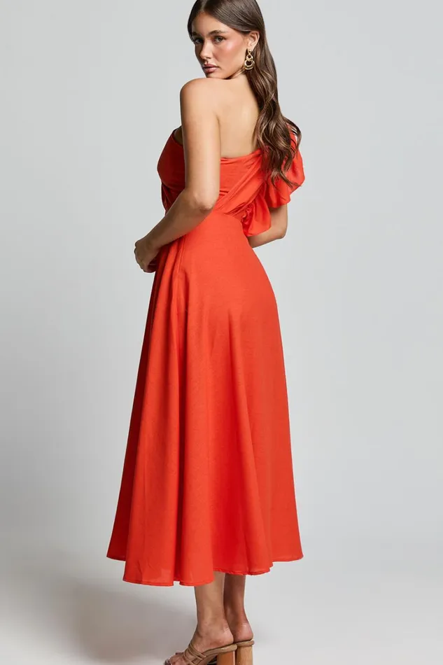 Dixie Midi Dress 8211 Linen Look One Shoulder Ruffle Dress In Red Orange Women Showpo Curve Clothes