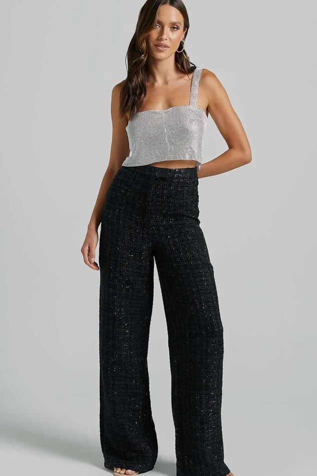 Dominik Pants 8211 Tweed Tailored High Waisted Wide Leg In Black Women Showpo Pants