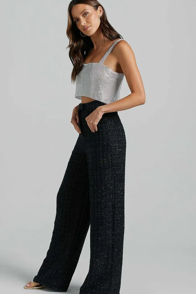 Dominik Pants 8211 Tweed Tailored High Waisted Wide Leg In Black Women Showpo Pants