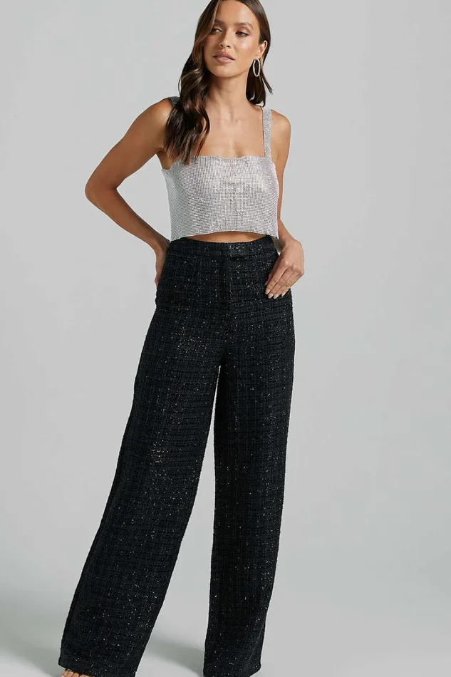 Dominik Pants 8211 Tweed Tailored High Waisted Wide Leg In Black Women Showpo Pants