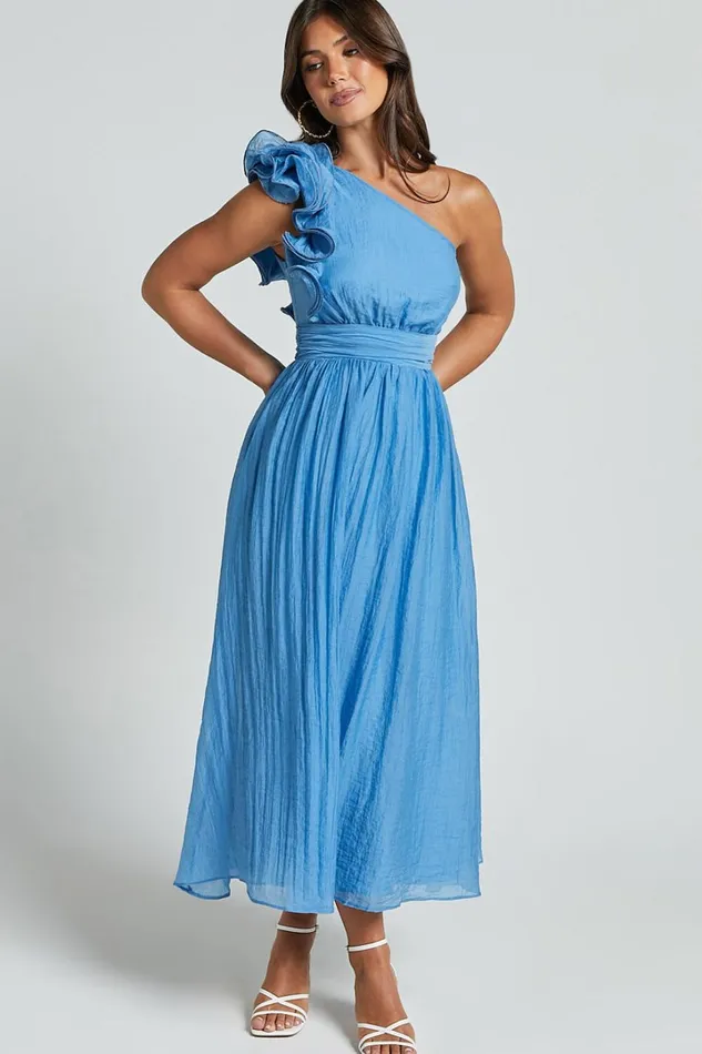 Dorothy Midi Dress 8211 One Shoulder Frill Detail Fit And Flare Dress In Sky Blue Women Showpo Dresses Dorothy Midi Dress 8211 One Shoulder Frill Detail Fit And Flare Dress In Sky Blue Women Showpo Dresses