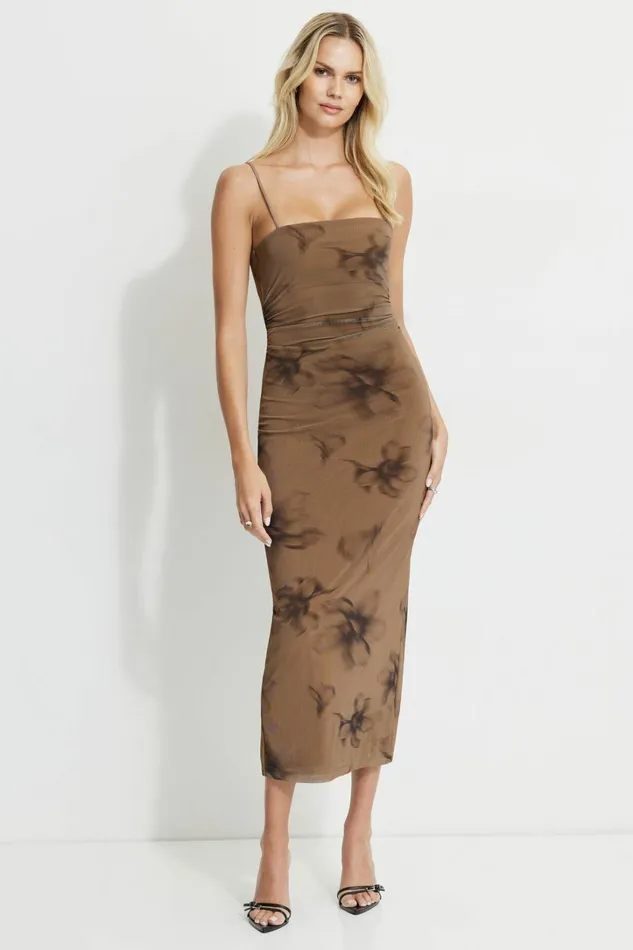 Dynamite Dresses and Jumpsuits Women Sheer Mesh Maxi Dress Brown
