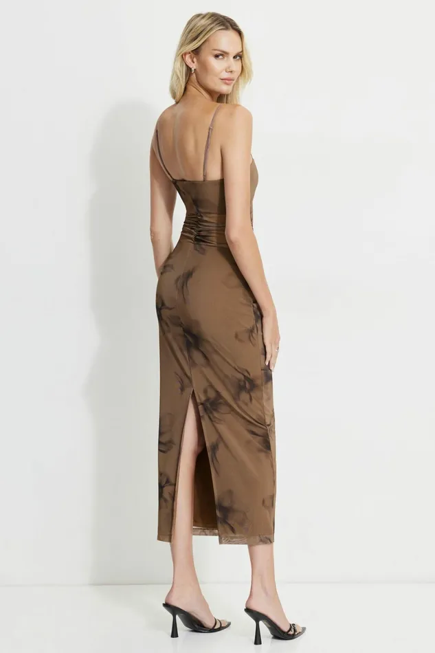 Dynamite Dresses and Jumpsuits Women Sheer Mesh Maxi Dress Brown