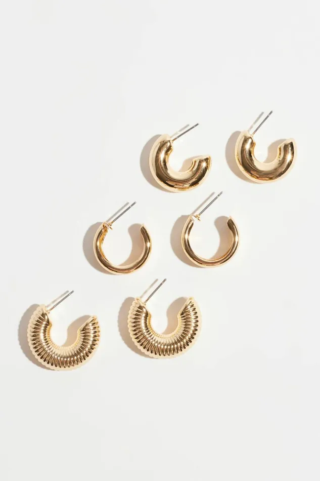 Dynamite Earrings Women 3Pack Chunky Texture Hoops YELLOW