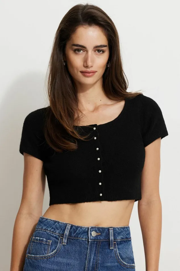 Dynamite Short Sleeve Tops Women Heavenlyarn Billy Pearl Button Cardigan Black