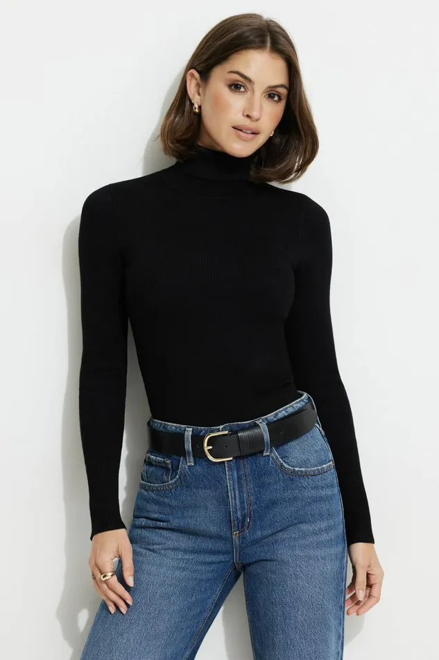 Dynamite Tops Women Button Cuff Turtleneck Sweater Black