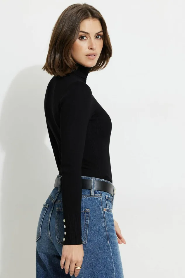 Dynamite Tops Women Button Cuff Turtleneck Sweater Black