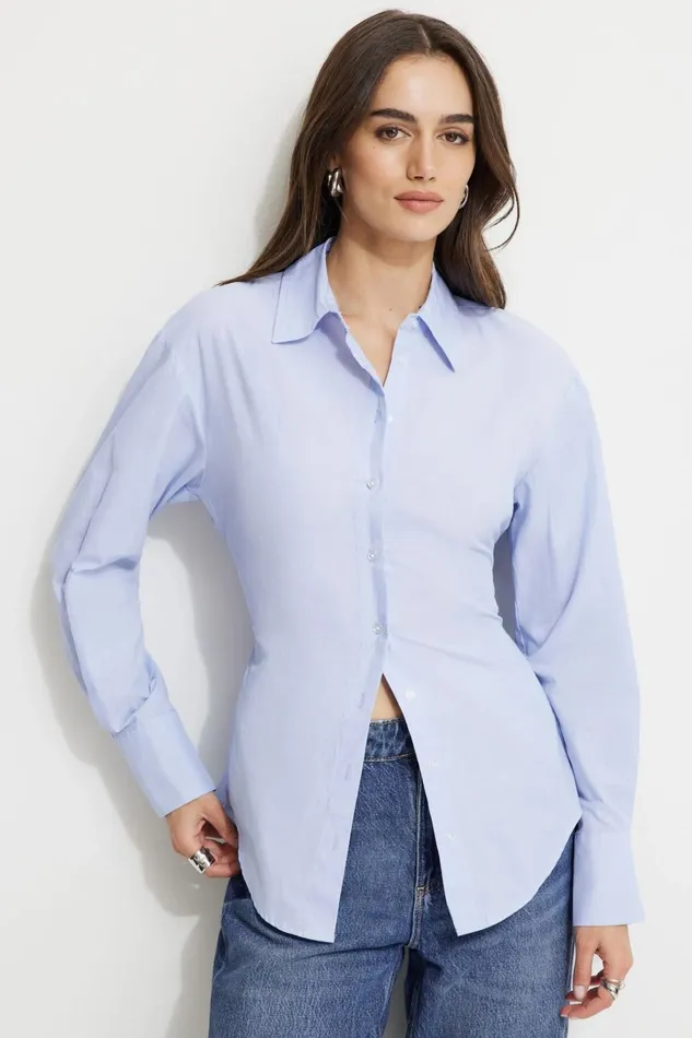 Dynamite Tops Women Cinched Waist Poplin Shirt Blue