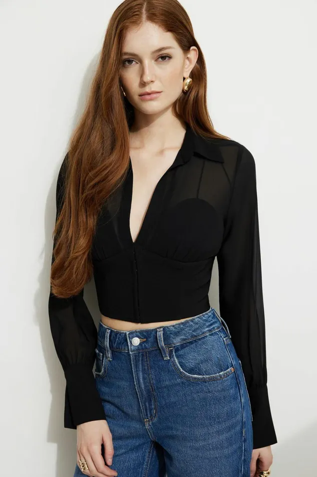 Dynamite Tops Women Sheer Corset Blouse Black