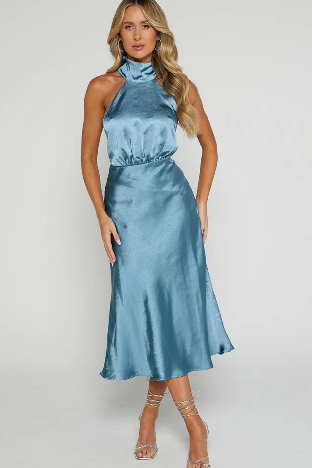 Ebony Midi Dress 8211 High Neck Gathered Bodice Dress In Steel Blue Women Showpo Dresses Ebony Midi Dress 8211 High Neck Gathered Bodice Dress In Steel Blue Women Showpo Dresses