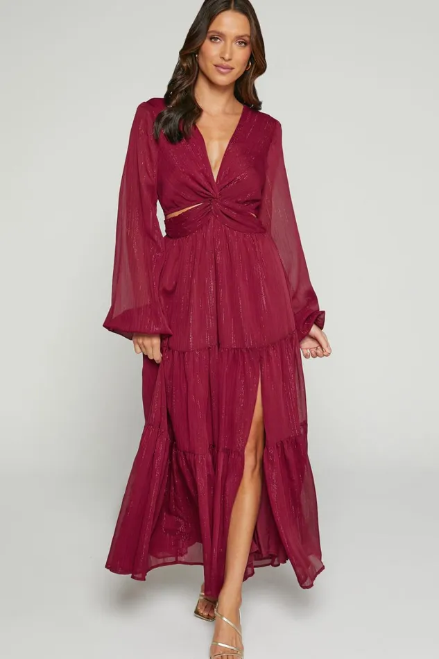 Edelyn Midi Dress 8211 Cut Out Balloon Sleeve Tiered Dress In Burgundy Women Showpo Dresses Edelyn Midi Dress 8211 Cut Out Balloon Sleeve Tiered Dress In Burgundy Women Showpo Dresses