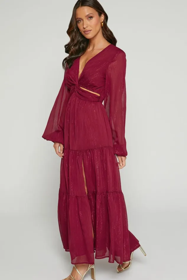 Edelyn Midi Dress 8211 Cut Out Balloon Sleeve Tiered Dress In Burgundy Women Showpo Dresses