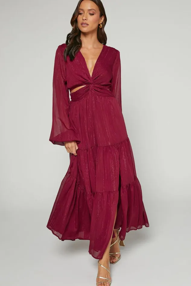 Edelyn Midi Dress 8211 Cut Out Balloon Sleeve Tiered Dress In Burgundy Women Showpo Dresses