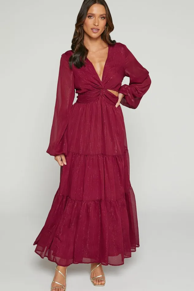 Edelyn Midi Dress 8211 Cut Out Balloon Sleeve Tiered Dress In Burgundy Women Showpo Dresses