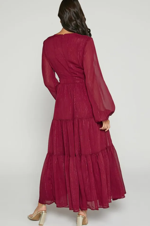Edelyn Midi Dress 8211 Cut Out Balloon Sleeve Tiered Dress In Burgundy Women Showpo Dresses