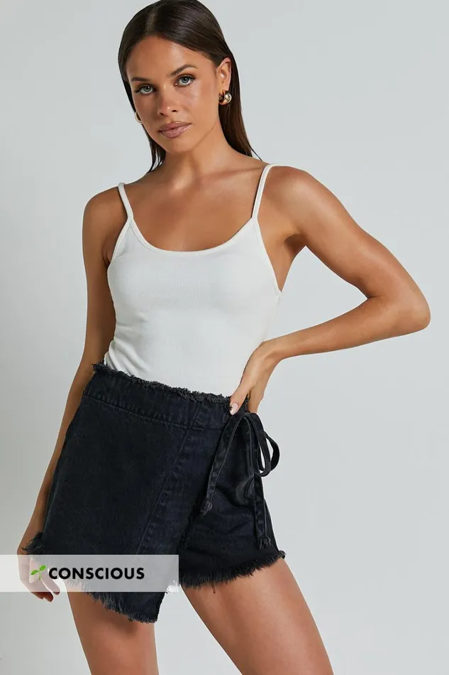 Ellyza Skort 8211 Recycled Cotton Frayed Edge Wrap Denim Skort In Washed Black Women Showpo Shorts