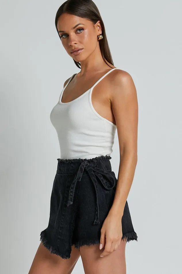 Ellyza Skort 8211 Recycled Cotton Frayed Edge Wrap Denim Skort In Washed Black Women Showpo Shorts