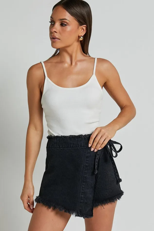 Ellyza Skort 8211 Recycled Cotton Frayed Edge Wrap Denim Skort In Washed Black Women Showpo Shorts