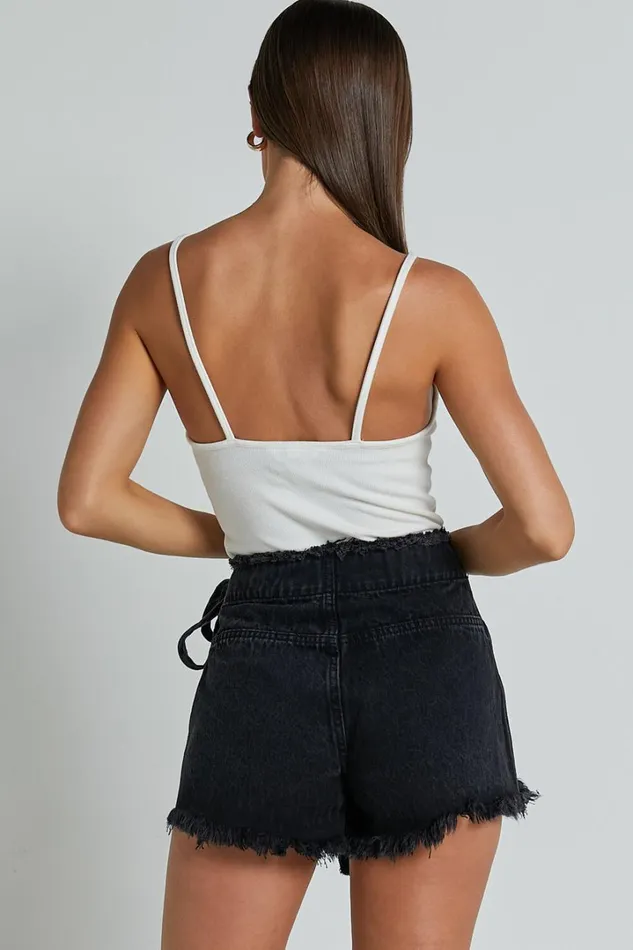 Ellyza Skort 8211 Recycled Cotton Frayed Edge Wrap Denim Skort In Washed Black Women Showpo Shorts