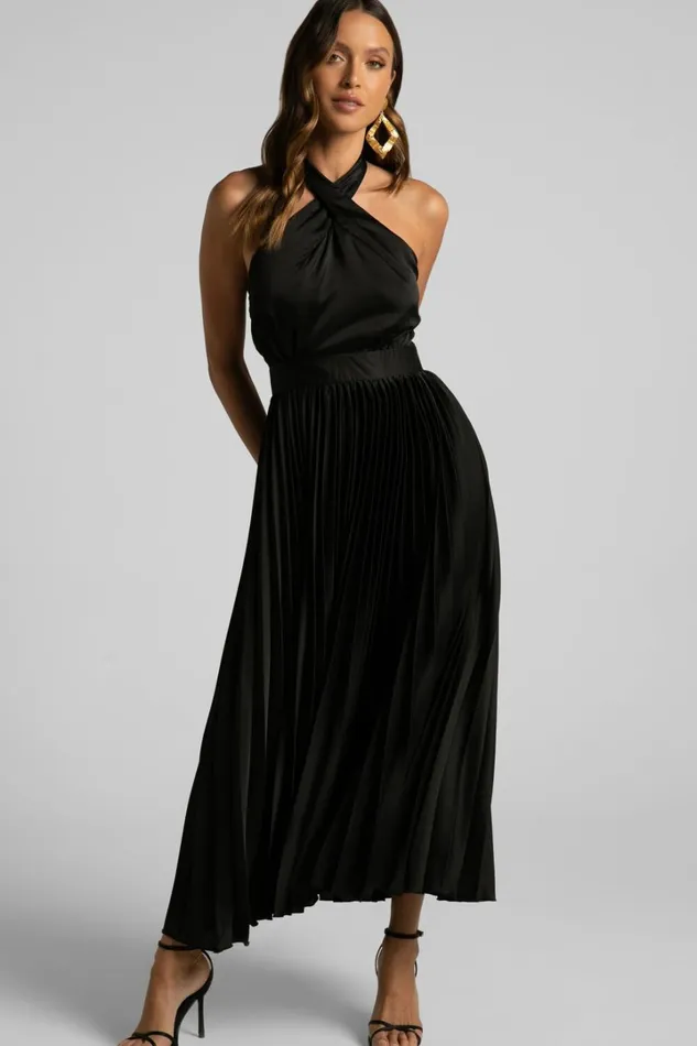 Eloise Midi Dress 8211 Halter Neck Pleated Dress In Black Women Showpo Dresses