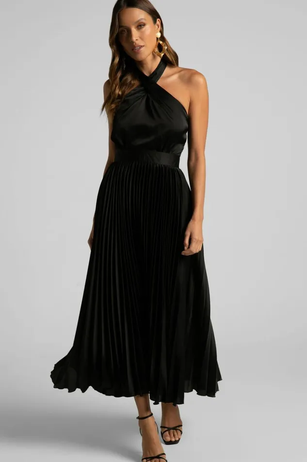 Eloise Midi Dress 8211 Halter Neck Pleated Dress In Black Women Showpo Dresses