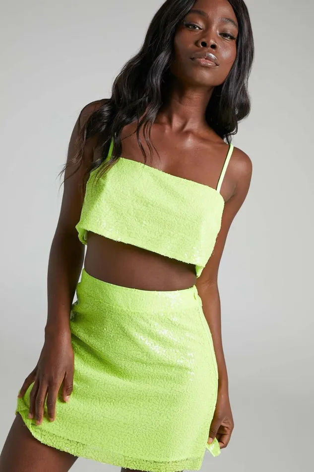Elswyth Mini Skirt 8211 Side Split Sequin Skirt In Citrus Women Showpo Skirts
