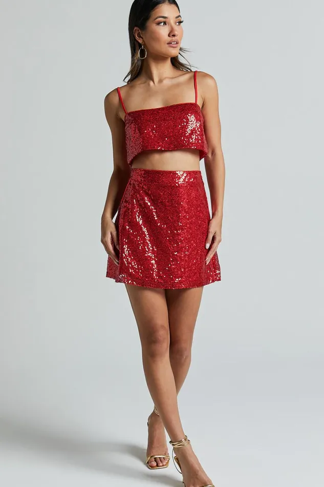 Elswyth Mini Skirt 8211 Side Split Sequin Skirt In Red Women Showpo Skirts