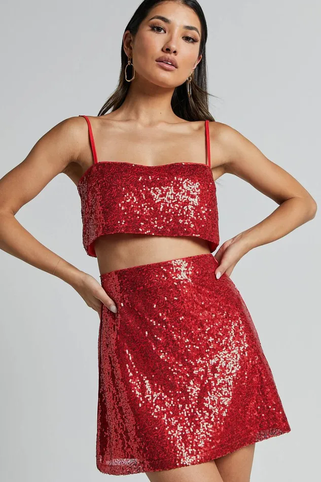 Elswyth Mini Skirt 8211 Side Split Sequin Skirt In Red Women Showpo Skirts