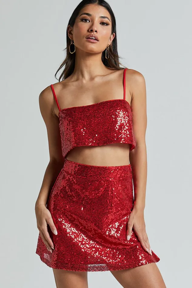 Elswyth Mini Skirt 8211 Side Split Sequin Skirt In Red Women Showpo Skirts