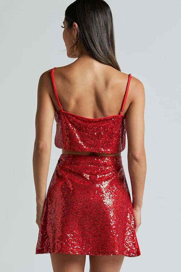 Elswyth Mini Skirt 8211 Side Split Sequin Skirt In Red Women Showpo Skirts