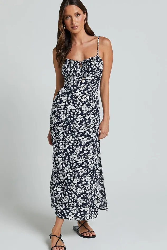 Ely Midi Dress 8211 Strappy Ruched Bust Side Split Dress In Navy Floral Women Showpo Dresses Ely Midi Dress 8211 Strappy Ruched Bust Side Split Dress In Navy Floral Women Showpo Dresses
