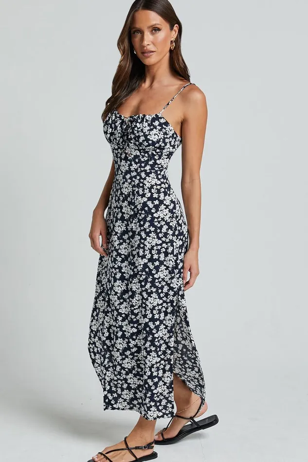 Ely Midi Dress 8211 Strappy Ruched Bust Side Split Dress In Navy Floral Women Showpo Dresses