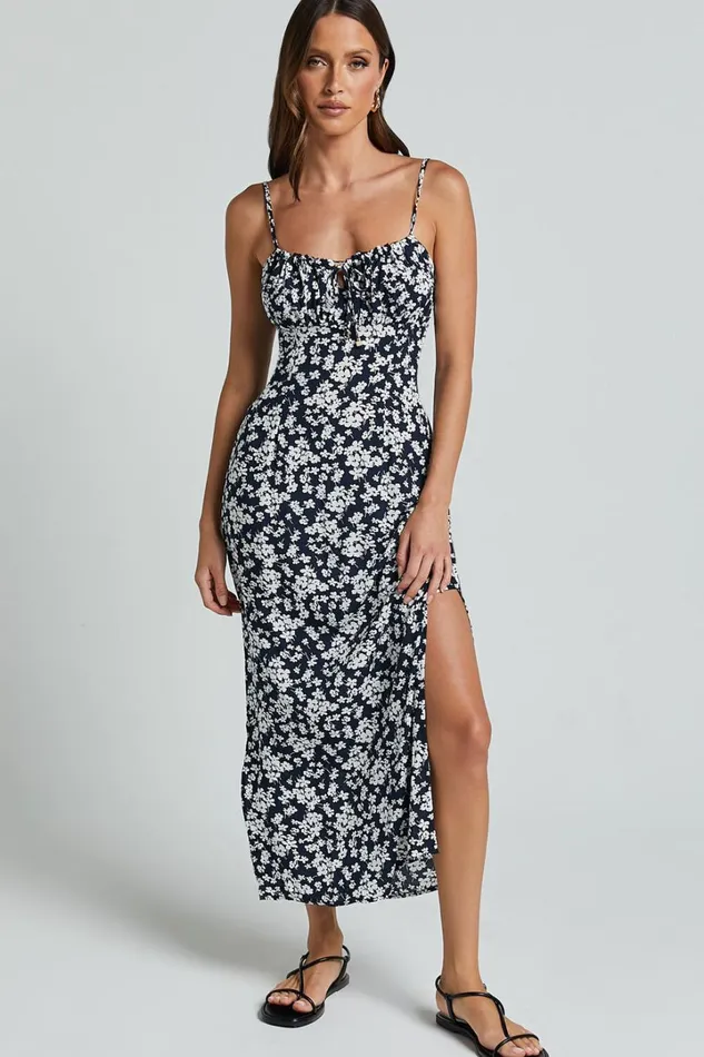 Ely Midi Dress 8211 Strappy Ruched Bust Side Split Dress In Navy Floral Women Showpo Dresses