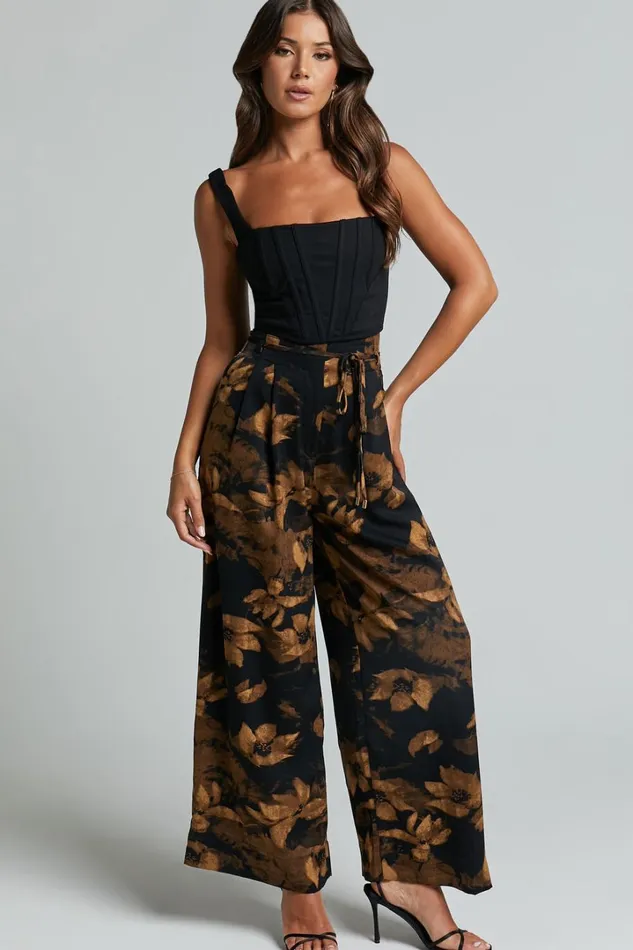 Etta Pants 8211 High Waist Wide Leg Satin Pants In Amber Floral Print Women Showpo Pants