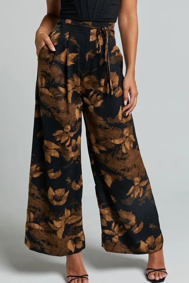 Etta Pants 8211 High Waist Wide Leg Satin Pants In Amber Floral Print Women Showpo Pants