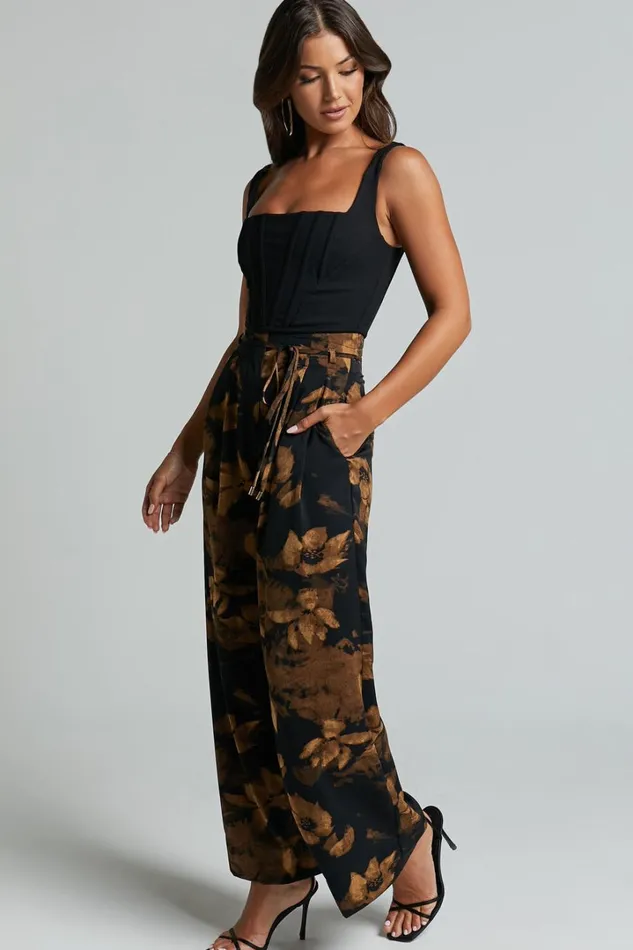 Etta Pants 8211 High Waist Wide Leg Satin Pants In Amber Floral Print Women Showpo Pants