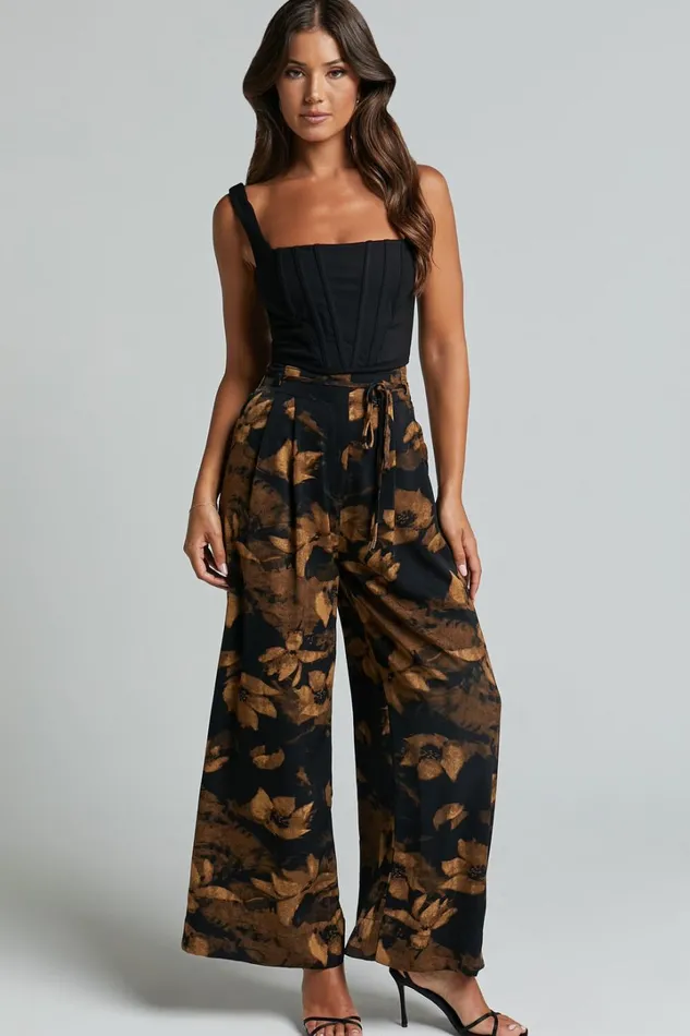 Etta Pants 8211 High Waist Wide Leg Satin Pants In Amber Floral Print Women Showpo Pants