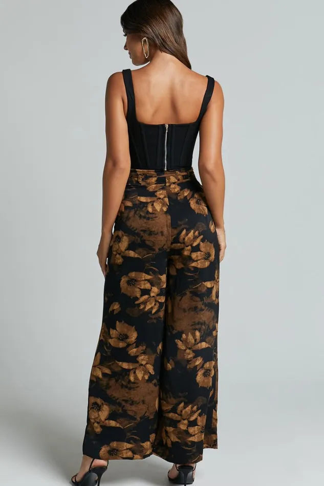 Etta Pants 8211 High Waist Wide Leg Satin Pants In Amber Floral Print Women Showpo Pants