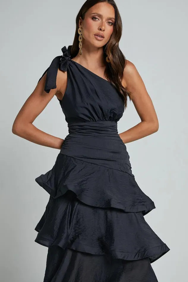 Eugenia Midi Dress 8211 One Shoulder Fit And Flare Layered Dress In Black Women Showpo Curve Clothes